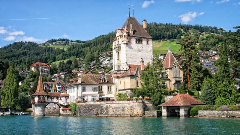 Castle on a Lake — Blue, Serene, Afternoon, Photograph, Mountain