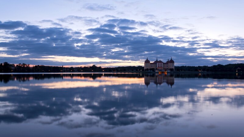 Castle on a Lake — Blue, Serene, Sunset