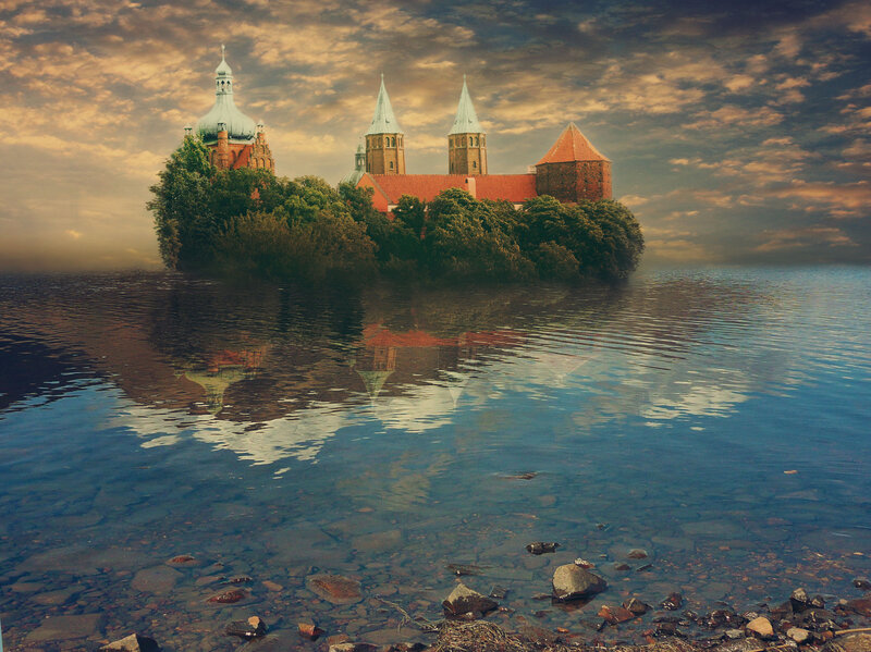 Castle on a Lake Island — Blue, Dramatic