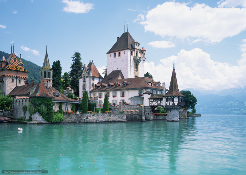 Castle on a Lake Island — Blue, Serene, Afternoon, Photograph, Mountains