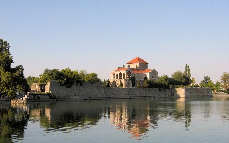 Castle on a Lake Island — Blue, Serene, Afternoon, Photograph, Trees