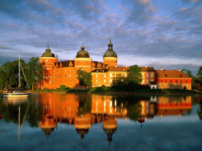 Castle on a Lake — Orange, Serene, Sunset, Photograph