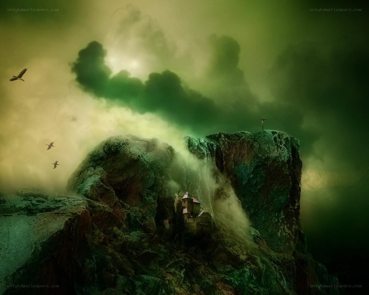 Castle on a misty cliff