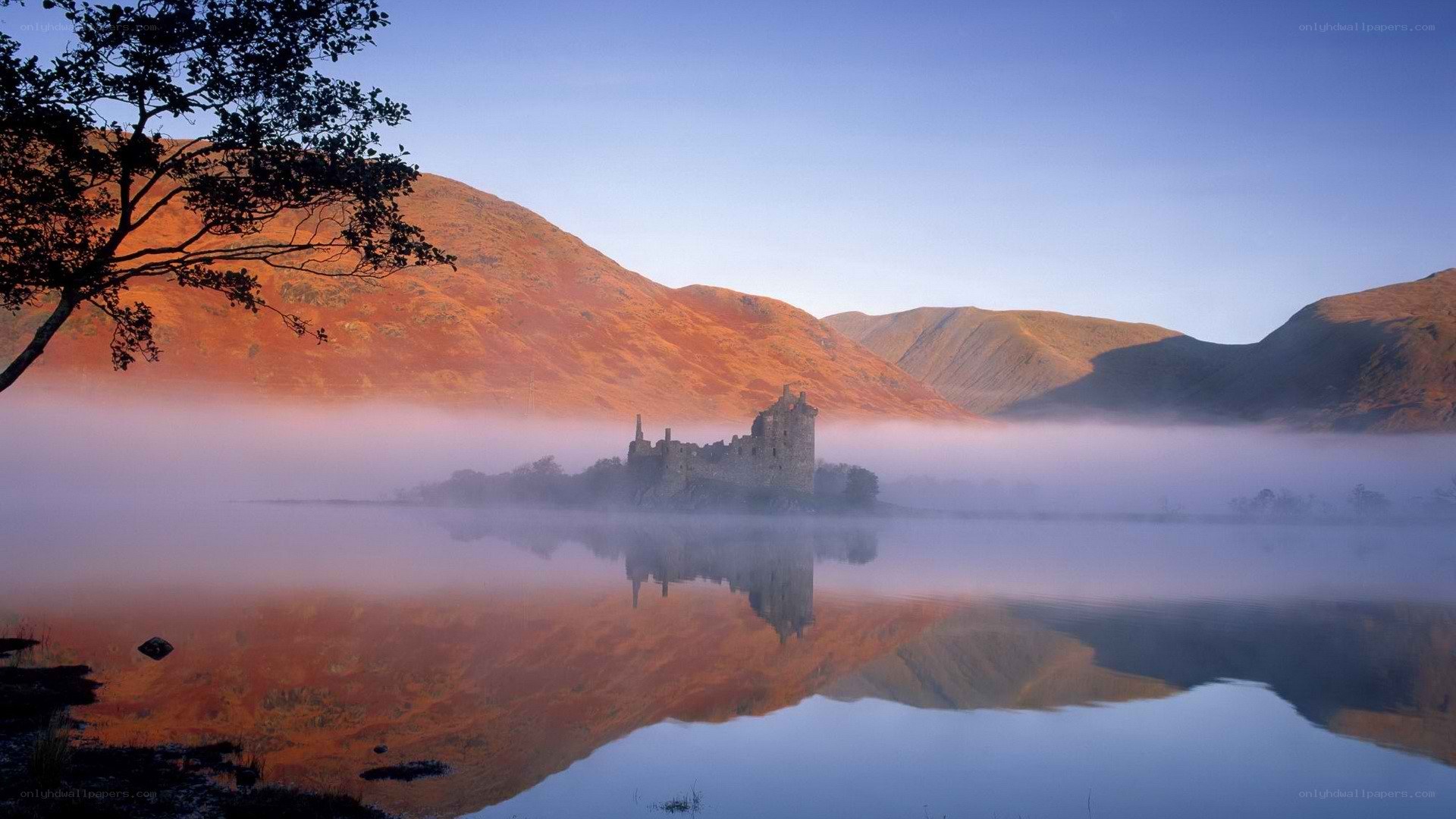 Castle on a misty lake
