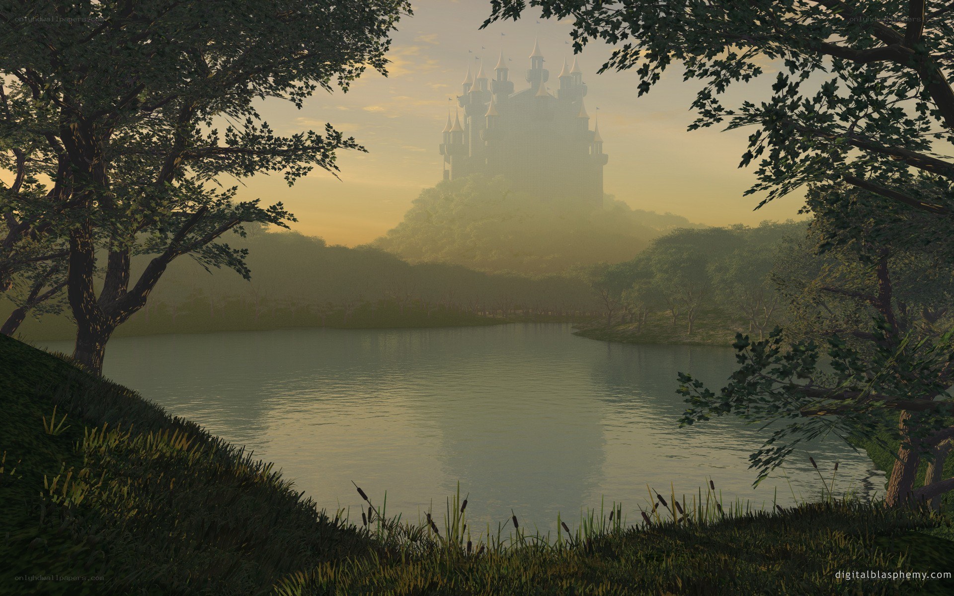 Castle on a misty lake