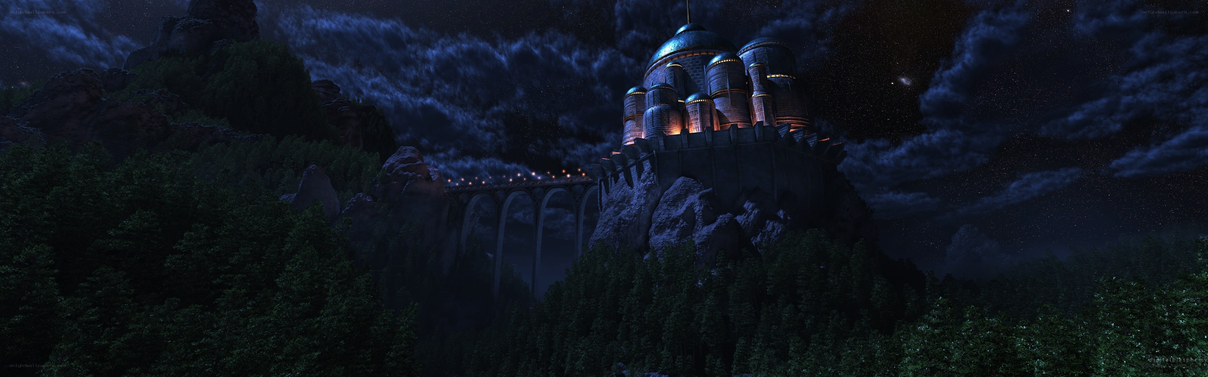 castle on a mountain at night