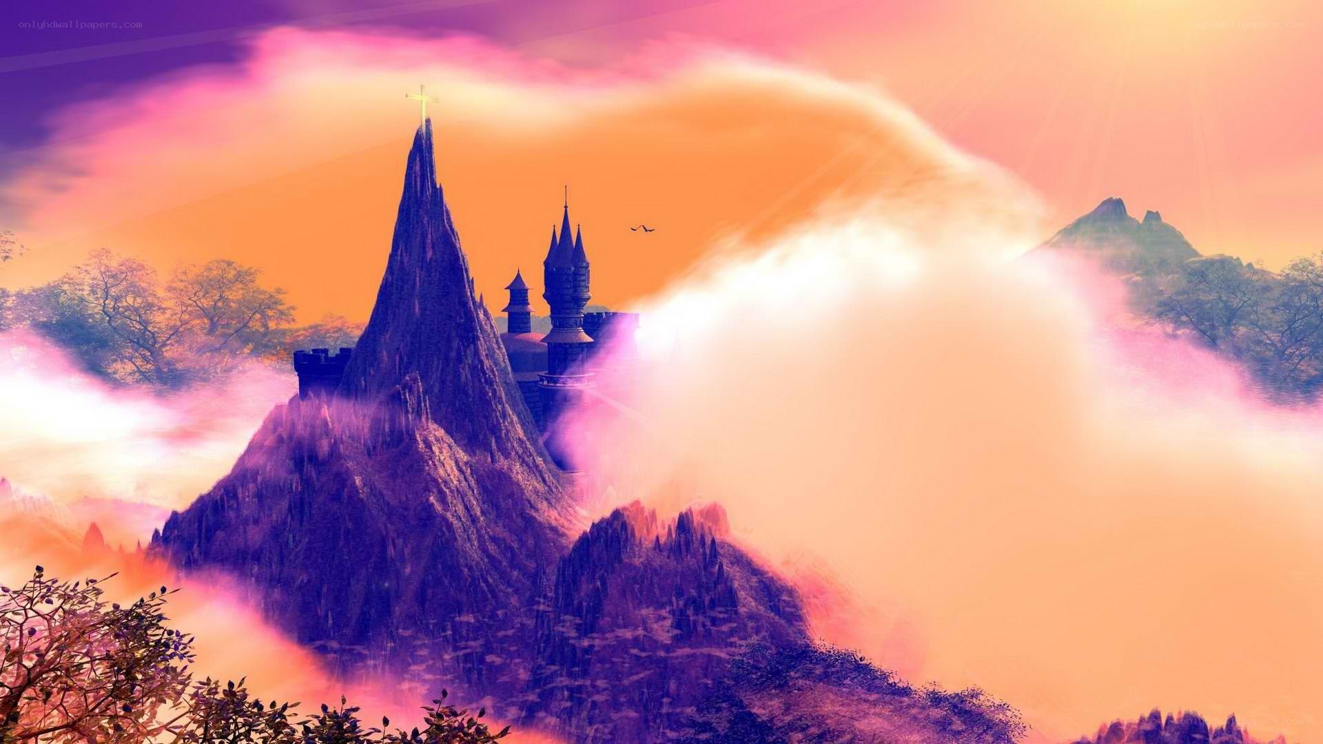 castle on a mountain at sunset