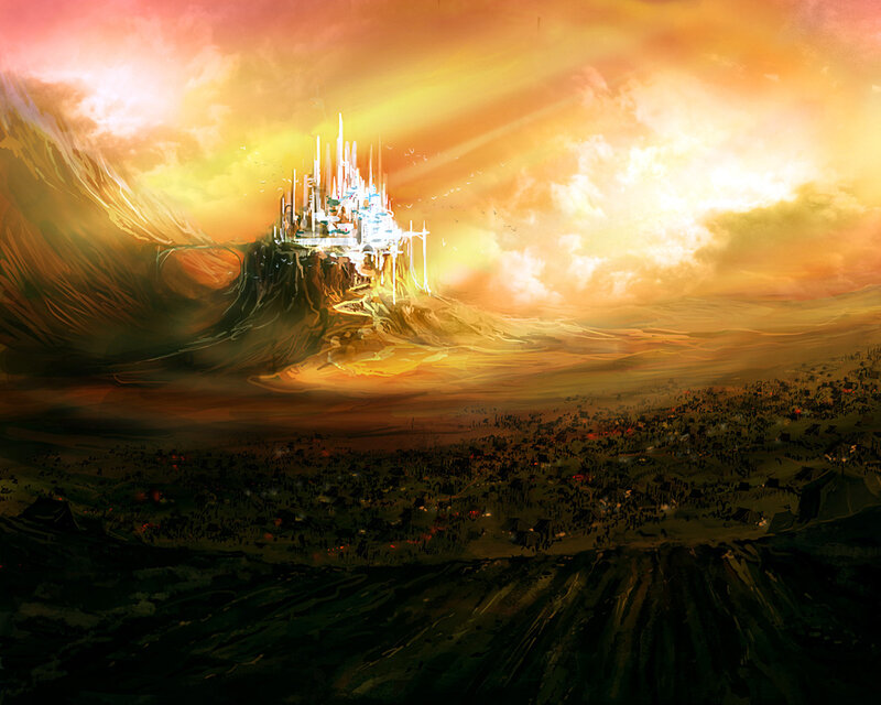 castle on a mountain at sunset