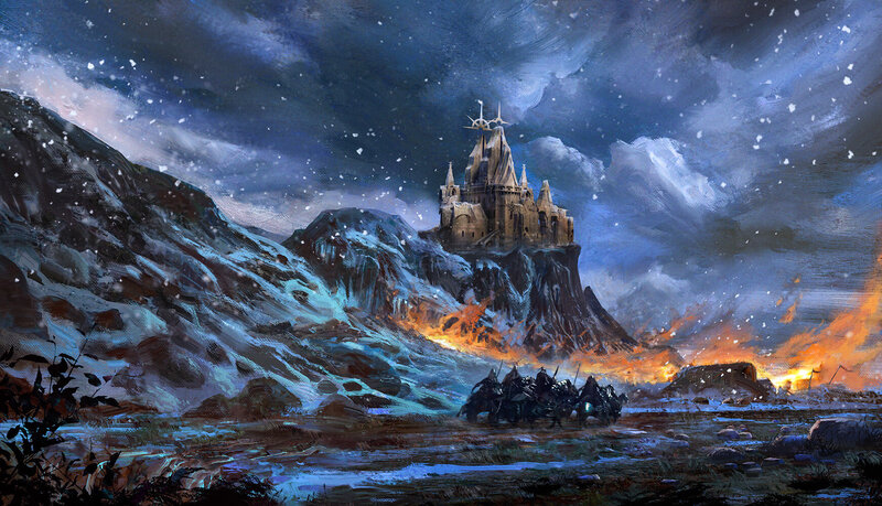 Castle on a Mountain — Blue, Dramatic, Night, Digital Art