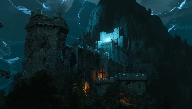 Castle on a Mountain — Blue, Dramatic, Night, Digital Art, Tower