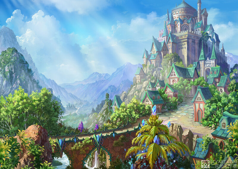 Castle on a Mountain — Blue, Serene, Afternoon, Digital Art