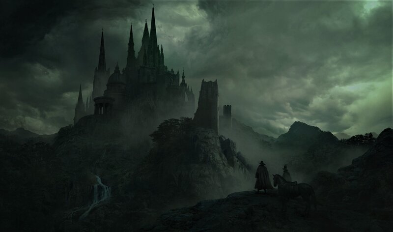 Castle on a Mountain — Gray, Dramatic, Night, Digital Art, People