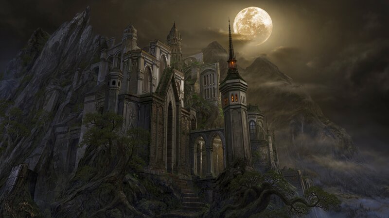 Castle on a Mountain — Gray, Dramatic, Night, Digital Art