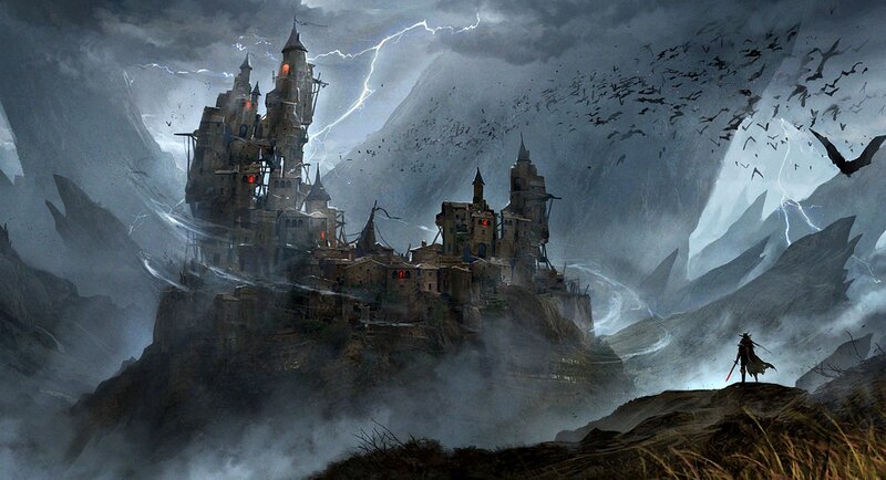 Castle on a Mountain — Gray, Dramatic, Night