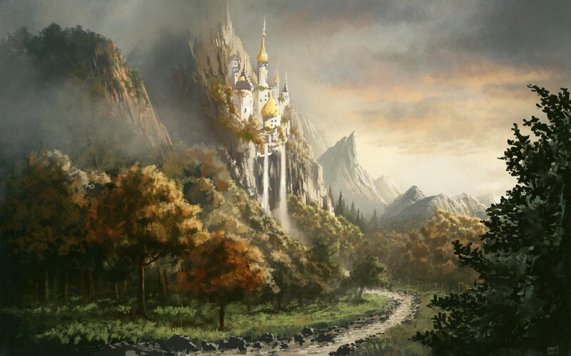 Castle on a Mountain — Green, Dramatic, Sunset, Digital Art, Forest, Path