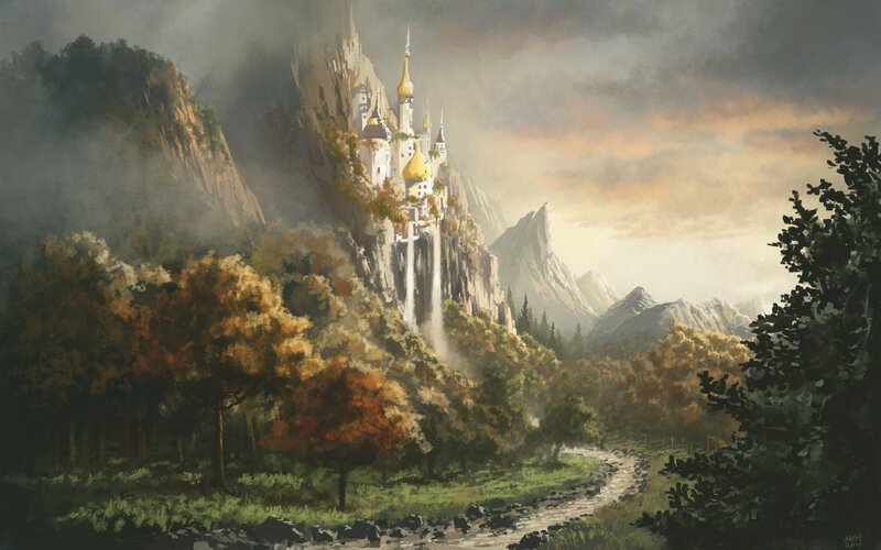 Castle on a Mountain — Green, Dramatic, Sunset, Digital Art, Forest