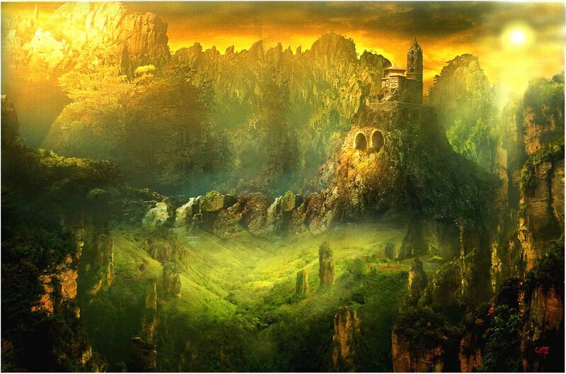 Castle on a Mountain — Green, Dramatic, Sunset, Digital Art