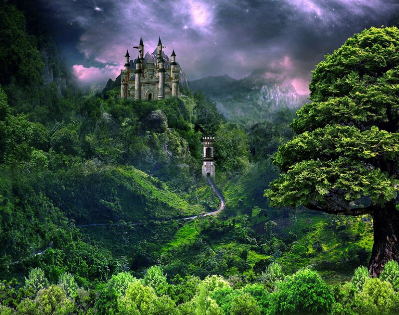 Castle on a Mountain — Green, Dramatic