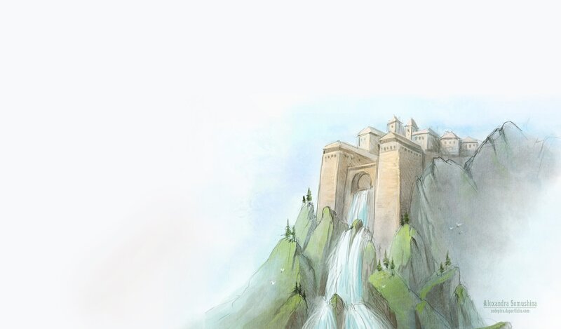 Castle on a Mountain — Green, Serene, Illustration, Waterfall