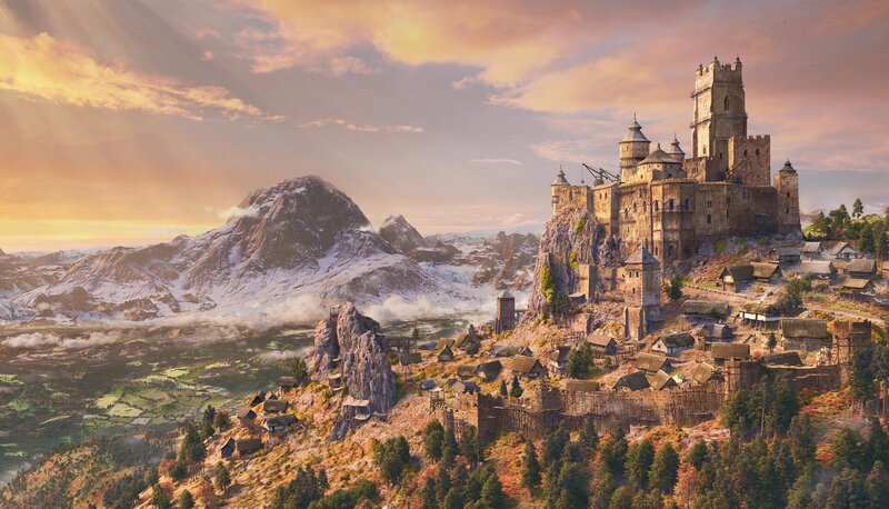 Castle on a Mountain — Orange, Dramatic, Sunset, Digital Art, Village