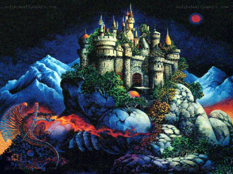 Castle on a mountain with dragon