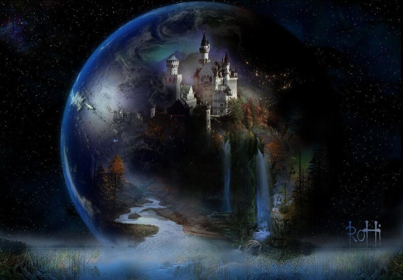 Castle on a Planet — Blue, Fantasy, Night