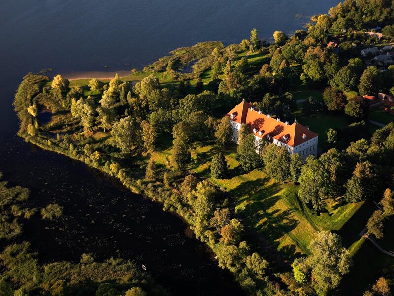 Castle on a River Island — Green, Serene, Afternoon, Photograph