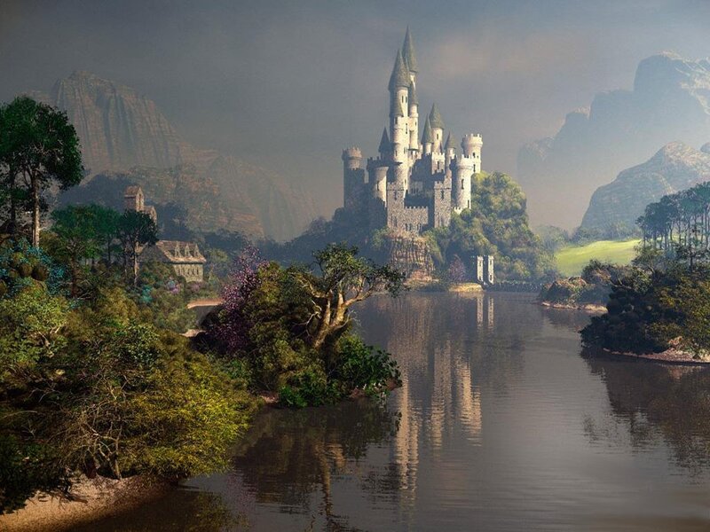 Castle on a River Island — Green, Serene, Morning, Digital Art, Mountains