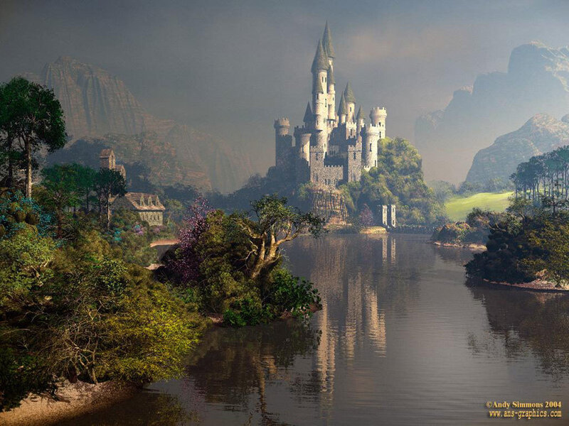Castle on a River Island — Green, Serene, Morning, Digital Art