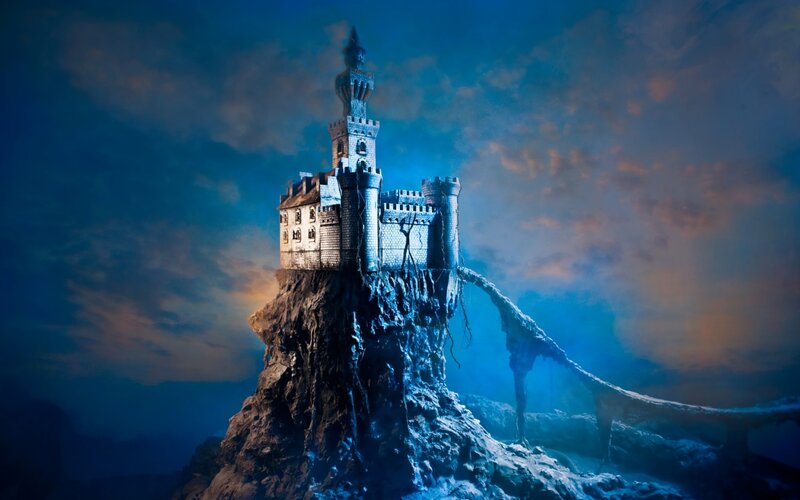 Castle on a Rocky Cliff — Blue, Dramatic, Night