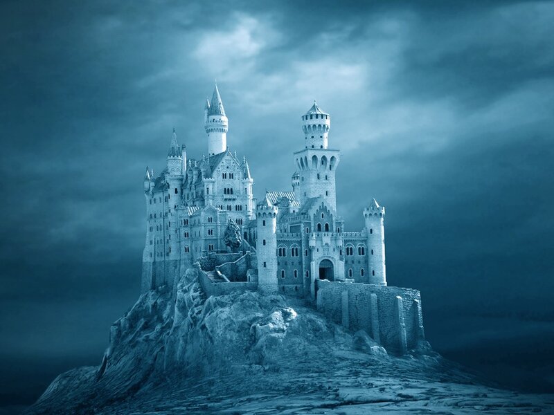 Castle on a Rocky Hill — Blue, Dramatic, Night, Digital Art
