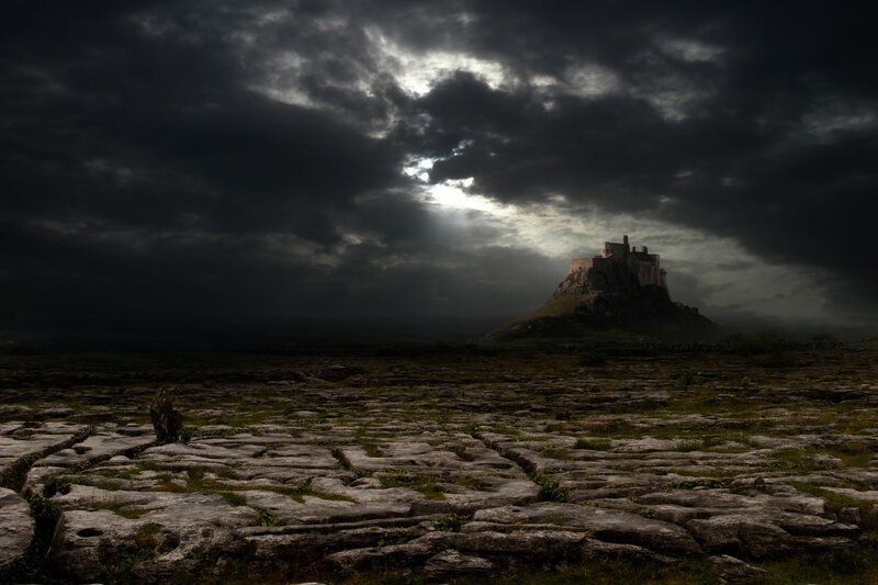Castle on a Rocky Hill — Gray, Dramatic, Night, Photograph, Clouds, Sunlight