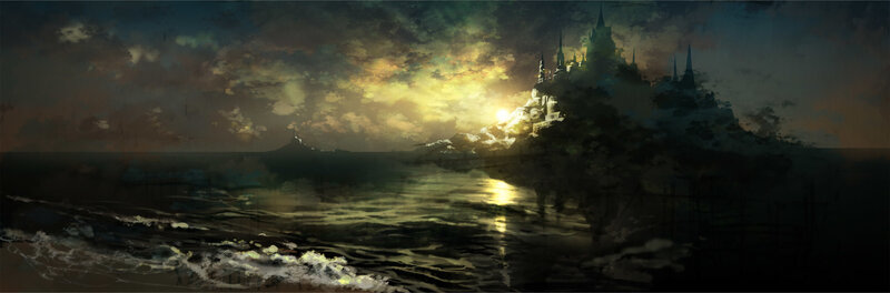 castle on a rocky island at dusk