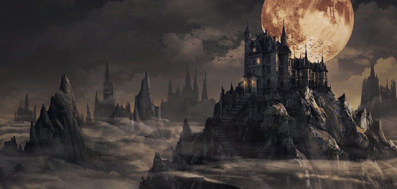 Castle on a Rocky Island — Gray, Dramatic, Night
