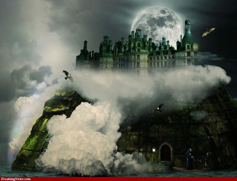 Castle on a Rocky Island — Gray, Dramatic