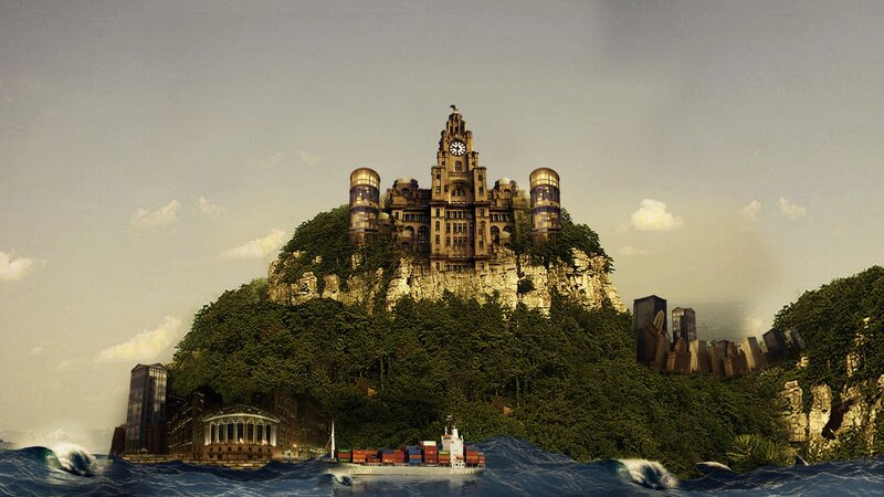 Castle on a Rocky Island — Green, Dramatic