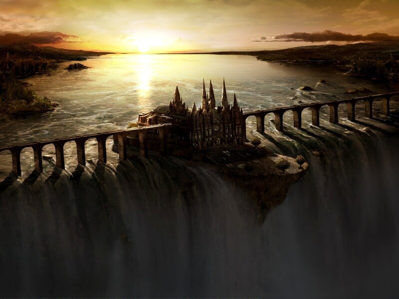 castle on a waterfall cliff