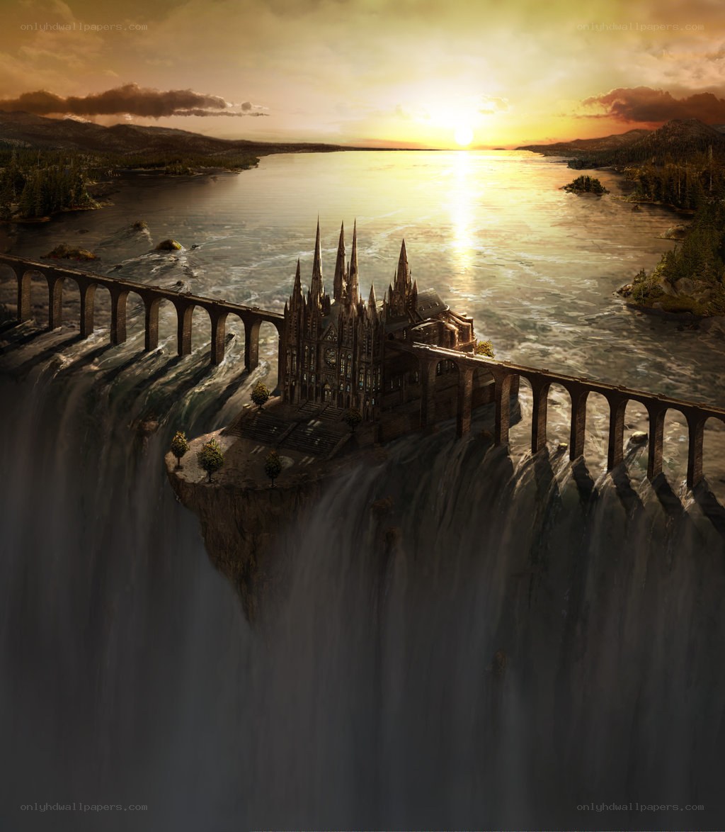 castle on a waterfall island