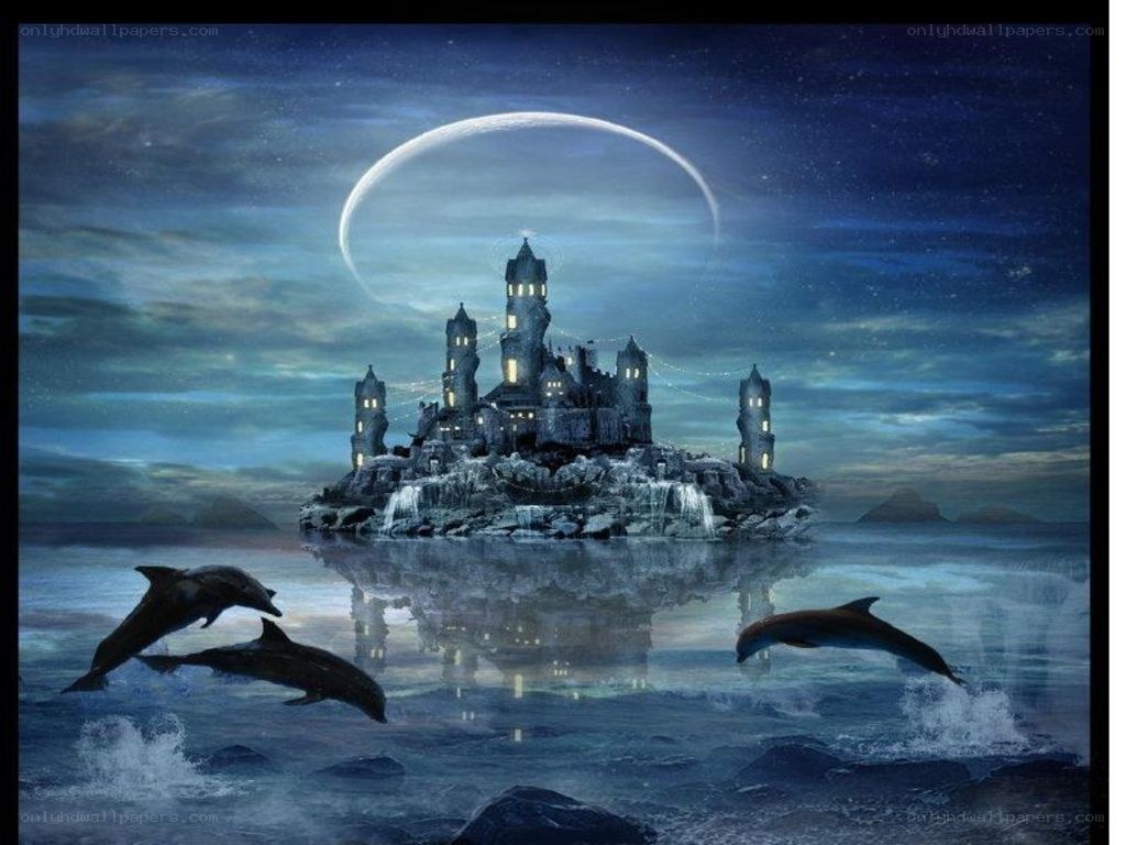 castle on an island at night
