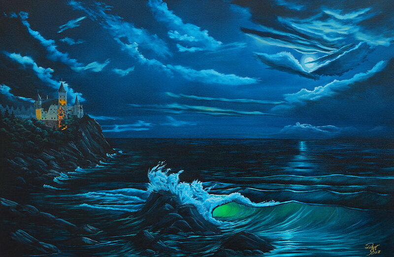 Castle on Cliff at Night — Blue
