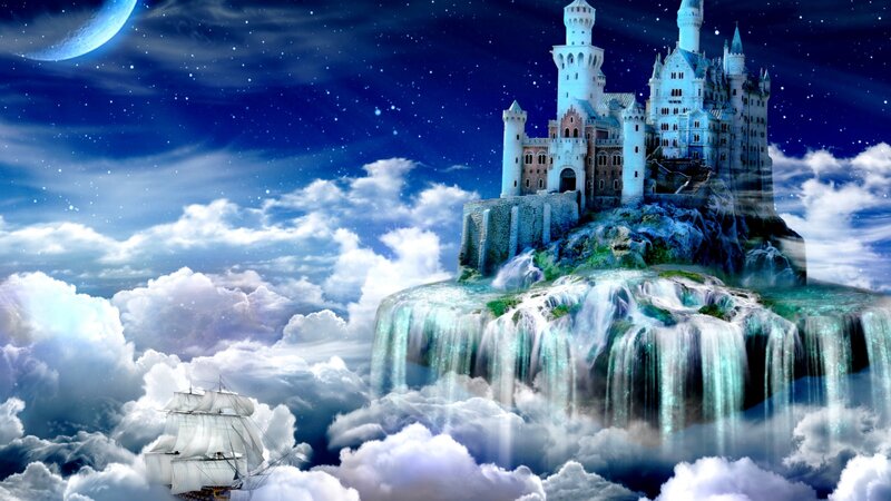 Castle on Floating Island — Blue, Fantastical, Night