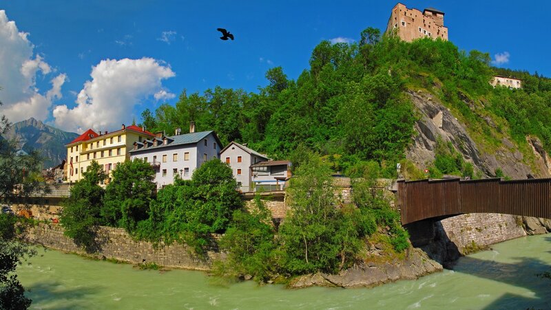 Castle on Hill Above River — Blue