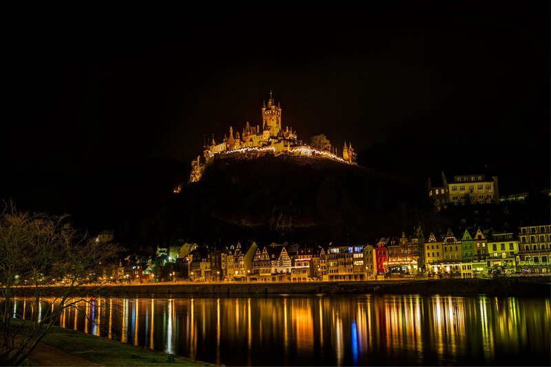 Castle on Hill at Night — Black, Dramatic, Photograph, River, Buildings, Trees