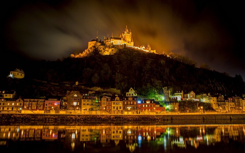 Castle on Hill at Night — Black, Dramatic, Photograph, River