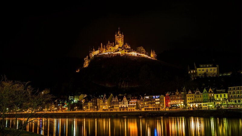 Castle on Hill at Night — Black, Dramatic, Photograph