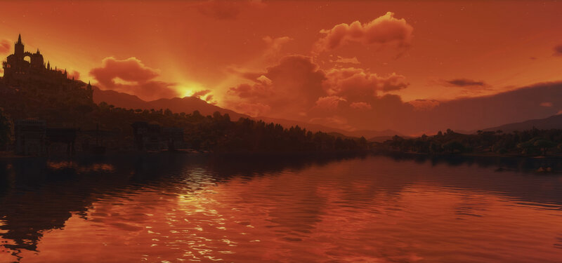 Castle on Hill at Sunset — Orange, Dramatic, 3d Render