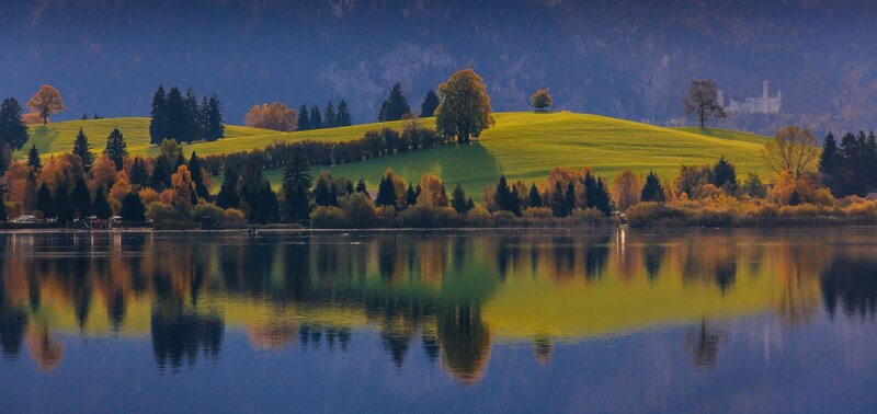 Castle on Hill by Lake — Blue