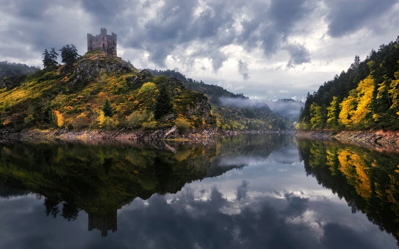 Castle on Hill by Lake — Green, Dramatic