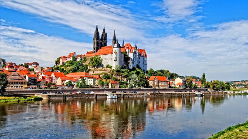 Castle on Hill by River — Blue, Serene