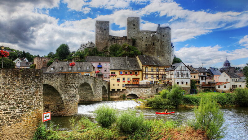Castle on Hill by River — Blue